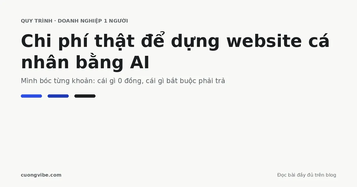 Ảnh bìa bài viết: Chi phí thật để dựng website cá nhân bằng AI, nền trắng ngà với chữ đen và điểm nhấn xanh ultramarine